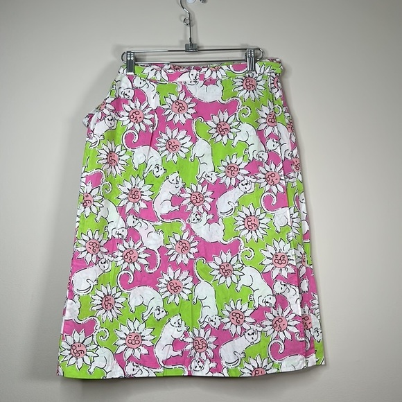 Lilly Pulitzer Suzy French Fried Lion Wrap Skirt Pink Green White Cat Size 6 - Picture 3 of 5